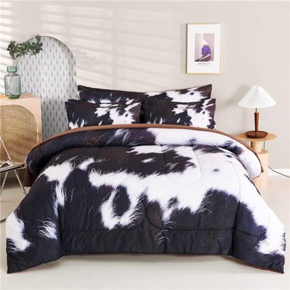 Cow Print Comforter Set Queen Size, 8Pcs Cow Fur Print Bed in A Bed, Western